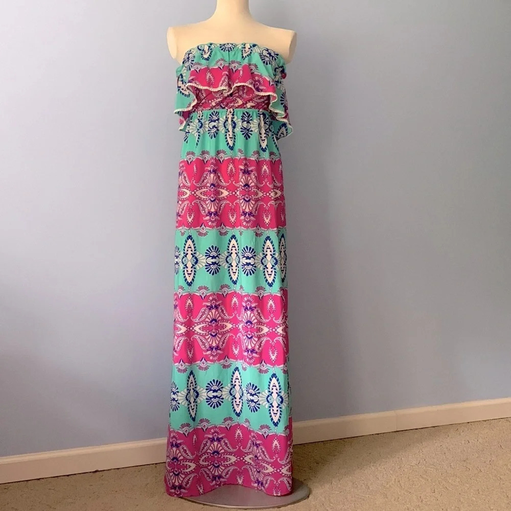Peach love California size medium turquoise pink floral paisley strapless maxi